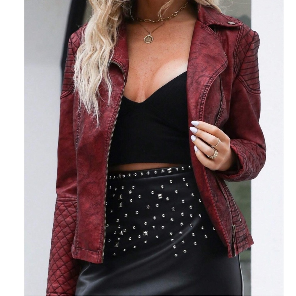Vegan Leather Zipper Quilted Detail Biker Moto Jacket S M L XL XXL